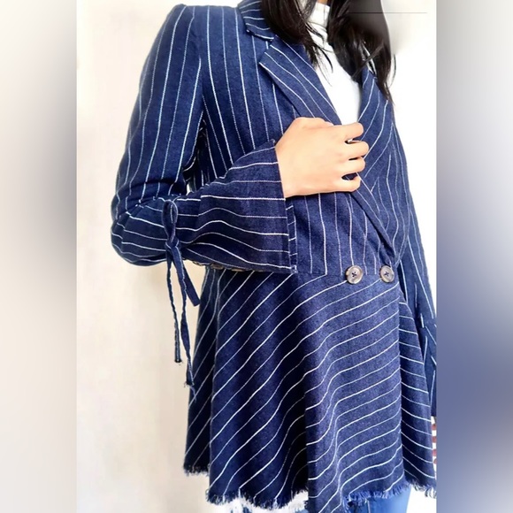 Free People Coat Jacket Stella Blazer Double Breast Fray Hem Stripe Navy S NEW - Picture 3 of 7